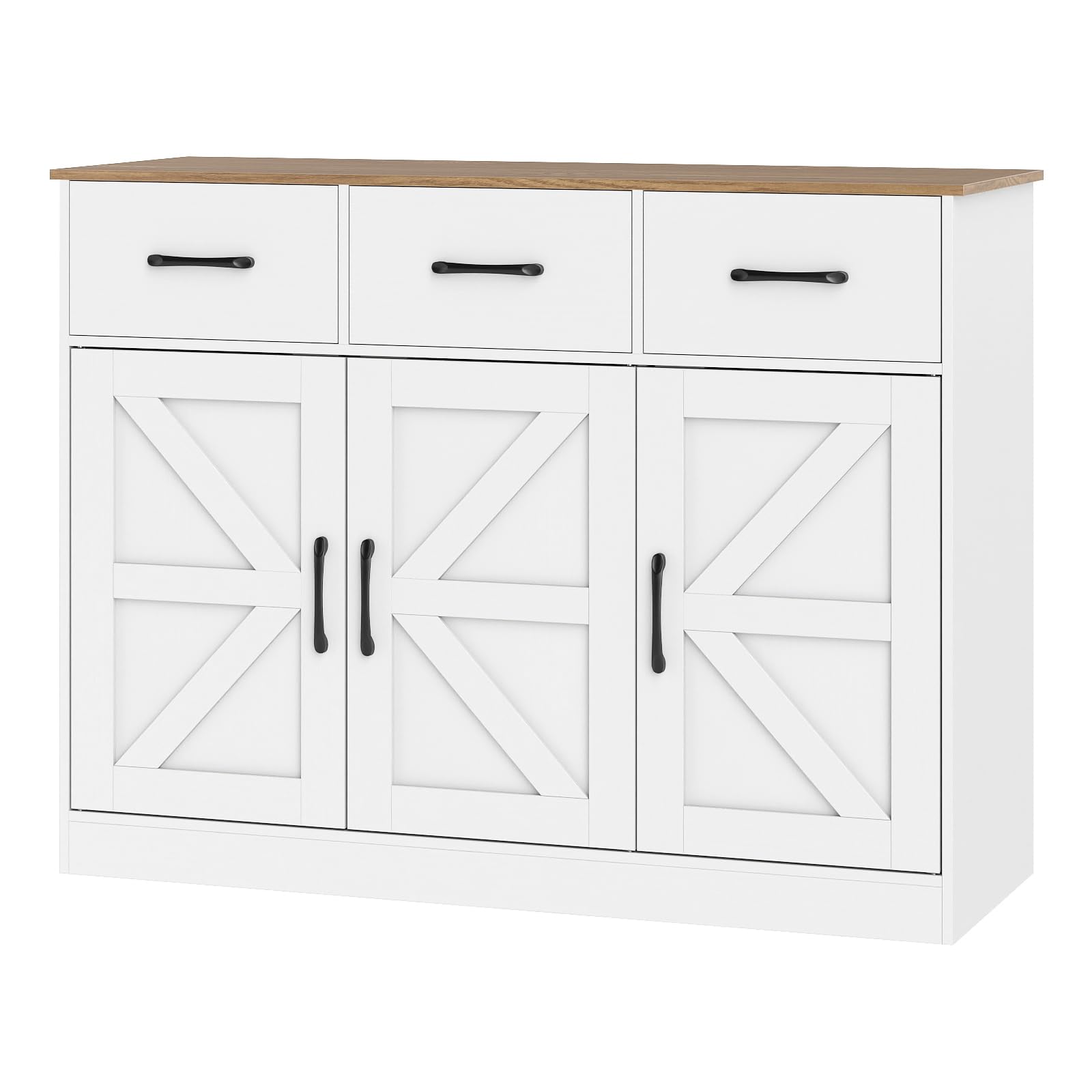 COSTWAY Sideboard Storage Cabinet, Large Kitchen Cupboard with Adjustable Shelf, Drawers and Doors, Wooden Buffet Cabinet Unit for Dining Living Room (108 x 38 x 81cm with Barn Doors, White)