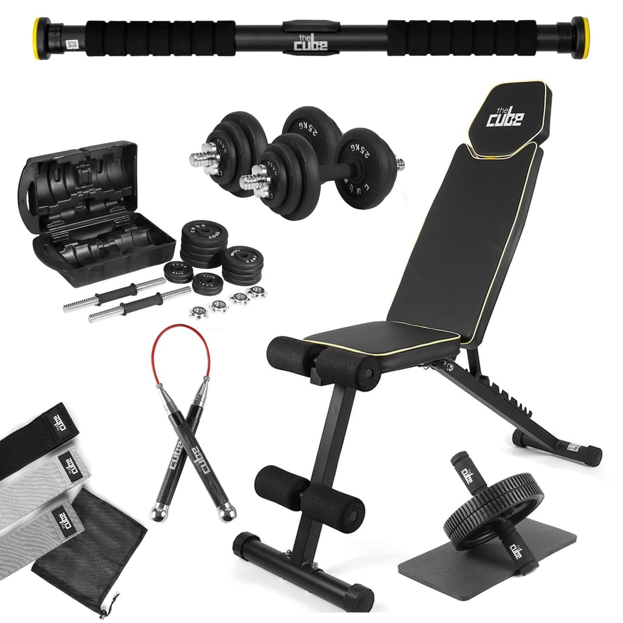 The Cube Club TotalFit Gym Combo for Beginners Home Gym Equipment Kit for Strength & Core Set of 6(Bench Neo, Ab Wheel, Pull Up Bar, Hip Band, Jump Rope, 20kg Dumbbell Set)
