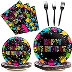 chiazllta 96 Pcs Neon Party Paper Plate and Napkins Neon Birthday Party Decorations Glow in the Dark Birthday Paper Supplies Disposable Glow Tableware for Party Favors 24 Guests