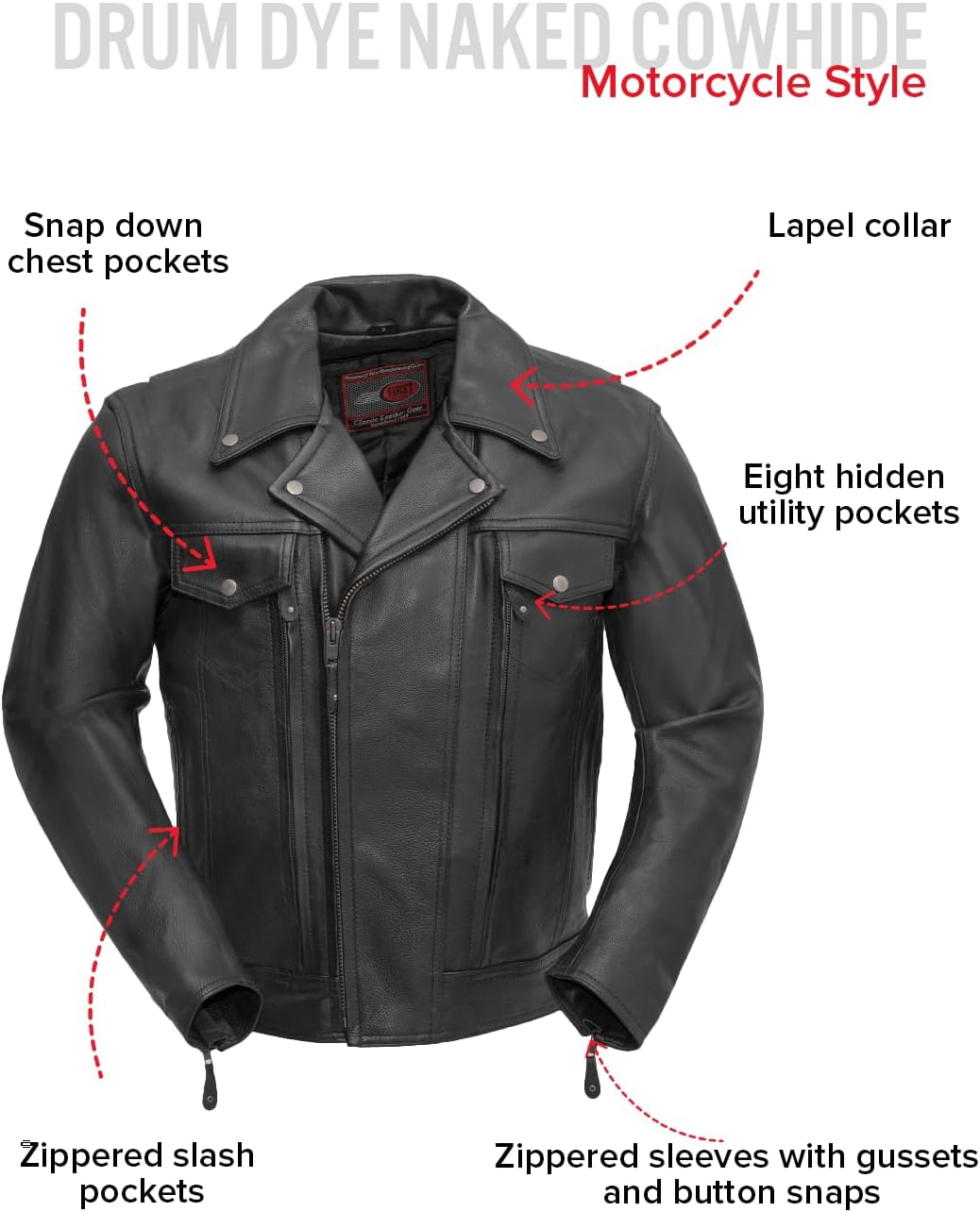 First Mfg Co - Mastermind - Men's Motorcycle Biker Riding Black Leather Jacket - Image 4