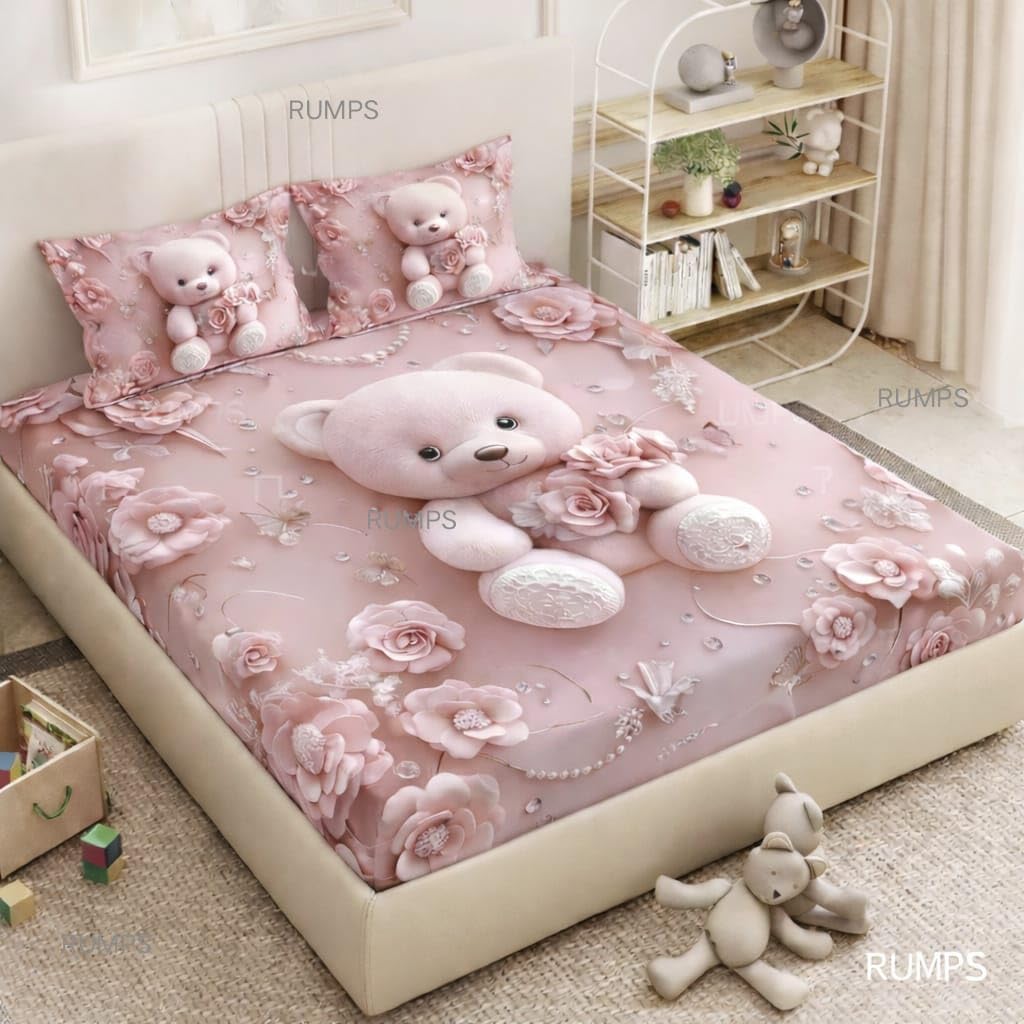 RUMPS Premium 7D Digital Print Double Bedsheet - Luxury 90x100 Inch Flat Sheet with 2 Pillow Covers - High-Definition Teddy & Flower Pattern