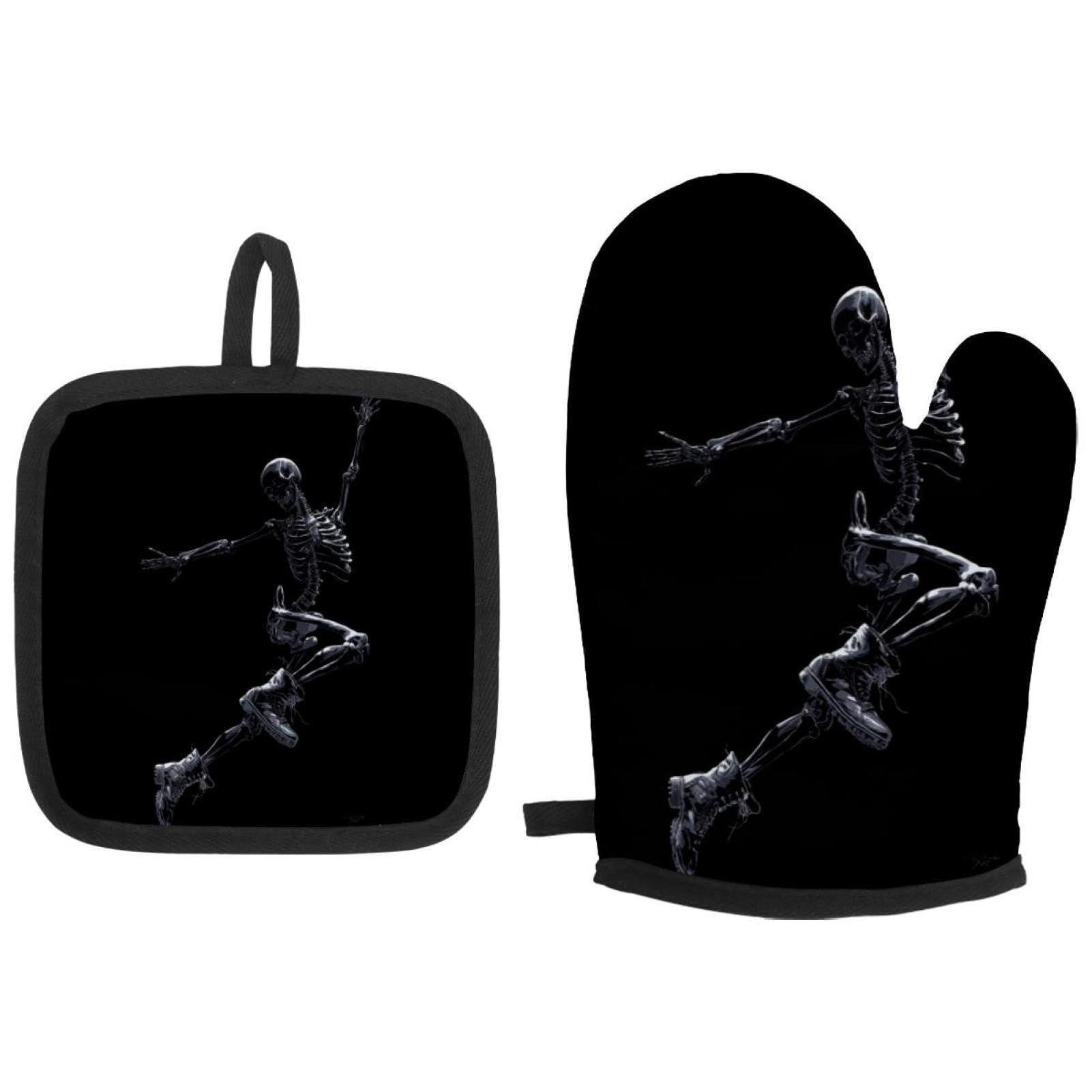 Maniques squelette dansant anti-chaleur - Set de 2 gants de cuisine noirs
