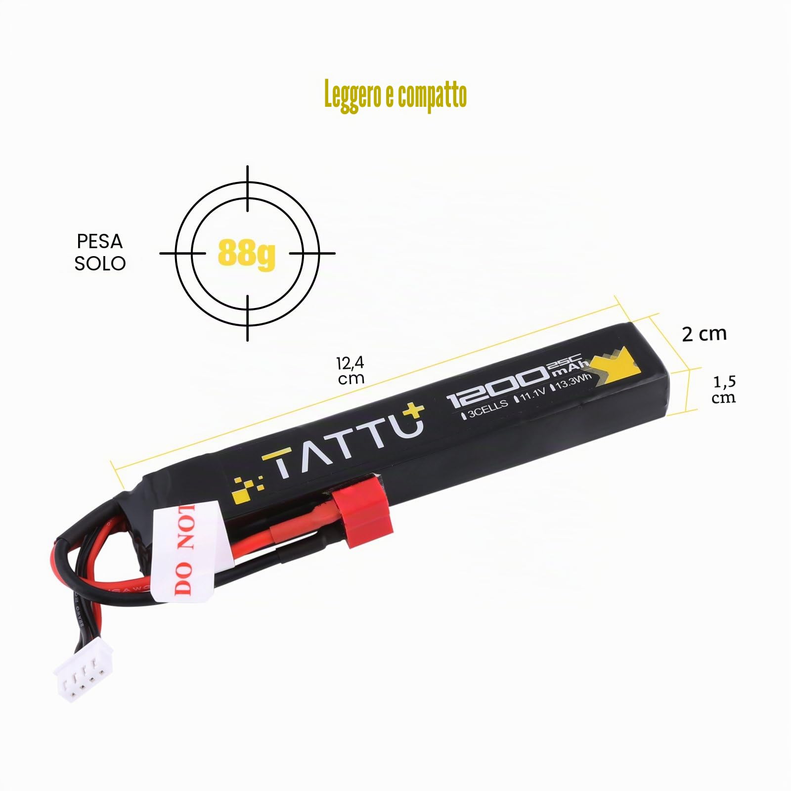 TATTU Batteria LiPo Airsoft Stick da 11,1 V con connettore Deans, 3S 1200 mAh 25C Battery Pack for Airsoft Gun