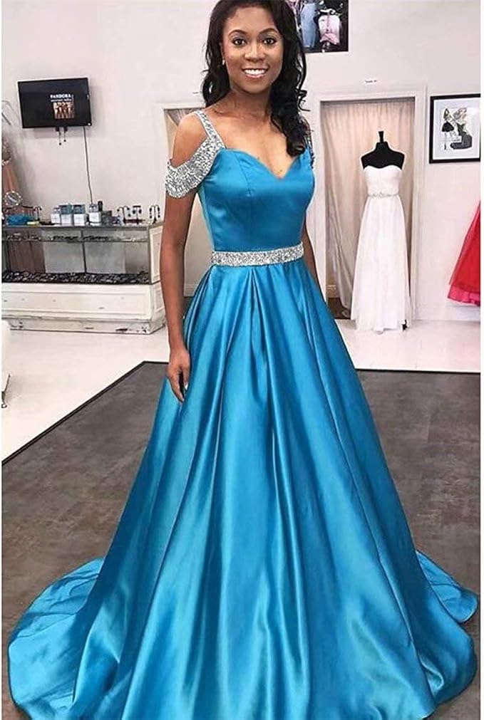 Aqua Blue Aqua Prom EEFZL Women's A-Line Long Off The Shoulder Beaded Prom  Dresses 2020 Satin Evening Gown One Size Black Clothing, Shoes Jewelry