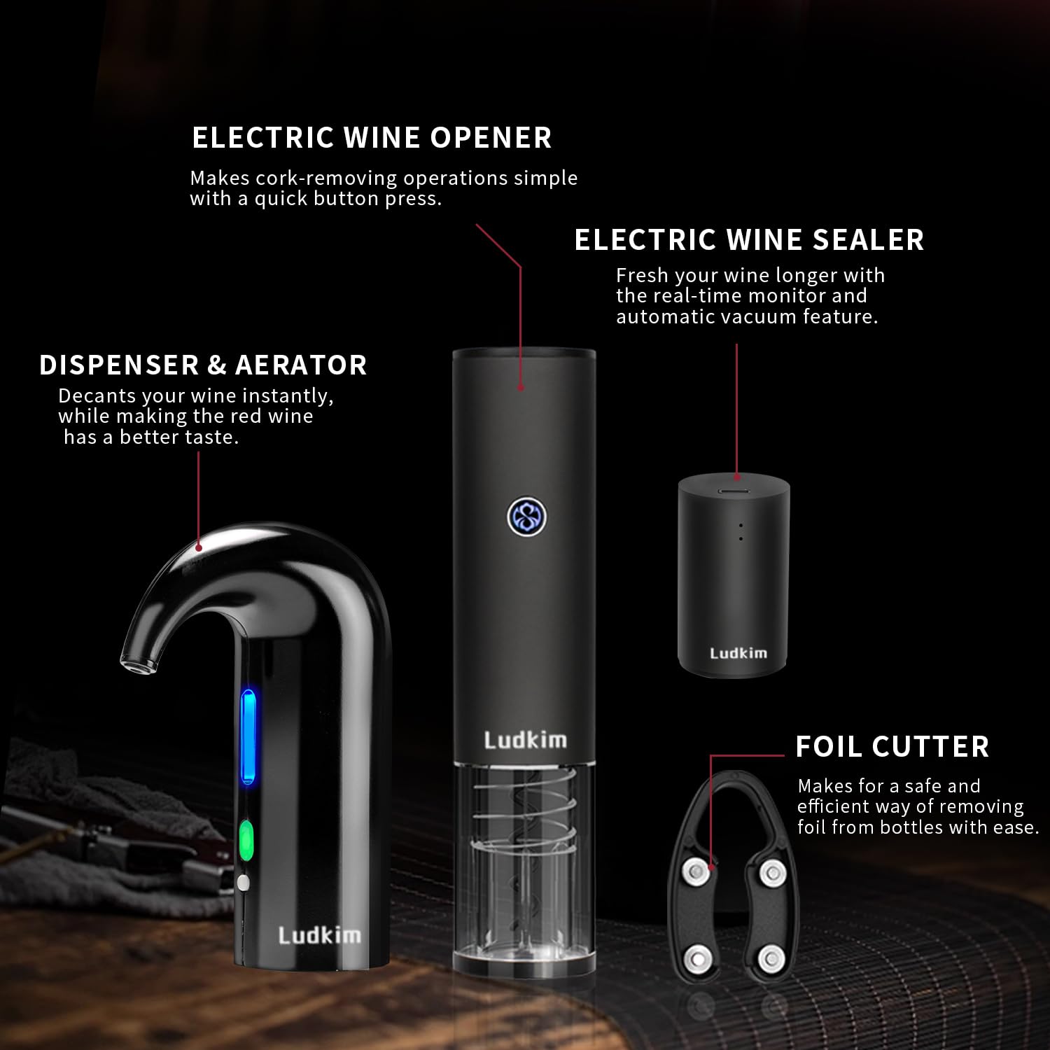 Elektrischer Weinöffner Set, All-in-One Wein-Geschenkset mit elektrischem Belüfterspender, automatischer elektrischer Korkenzieher, automatischer Spar-Vakuumpumpe, Folienschneider und