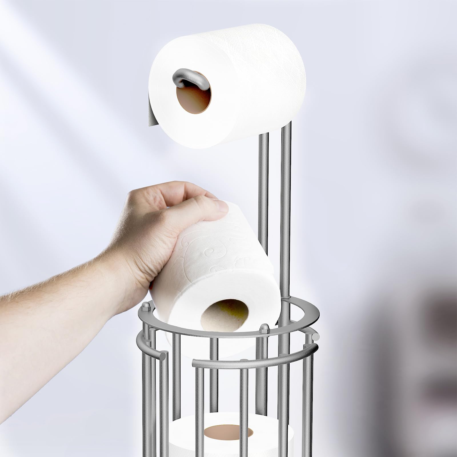 Meangood Porta carta igienica e dispenser per rotolo di carta igienica, per 4 rotoli grandi (argento opaco)