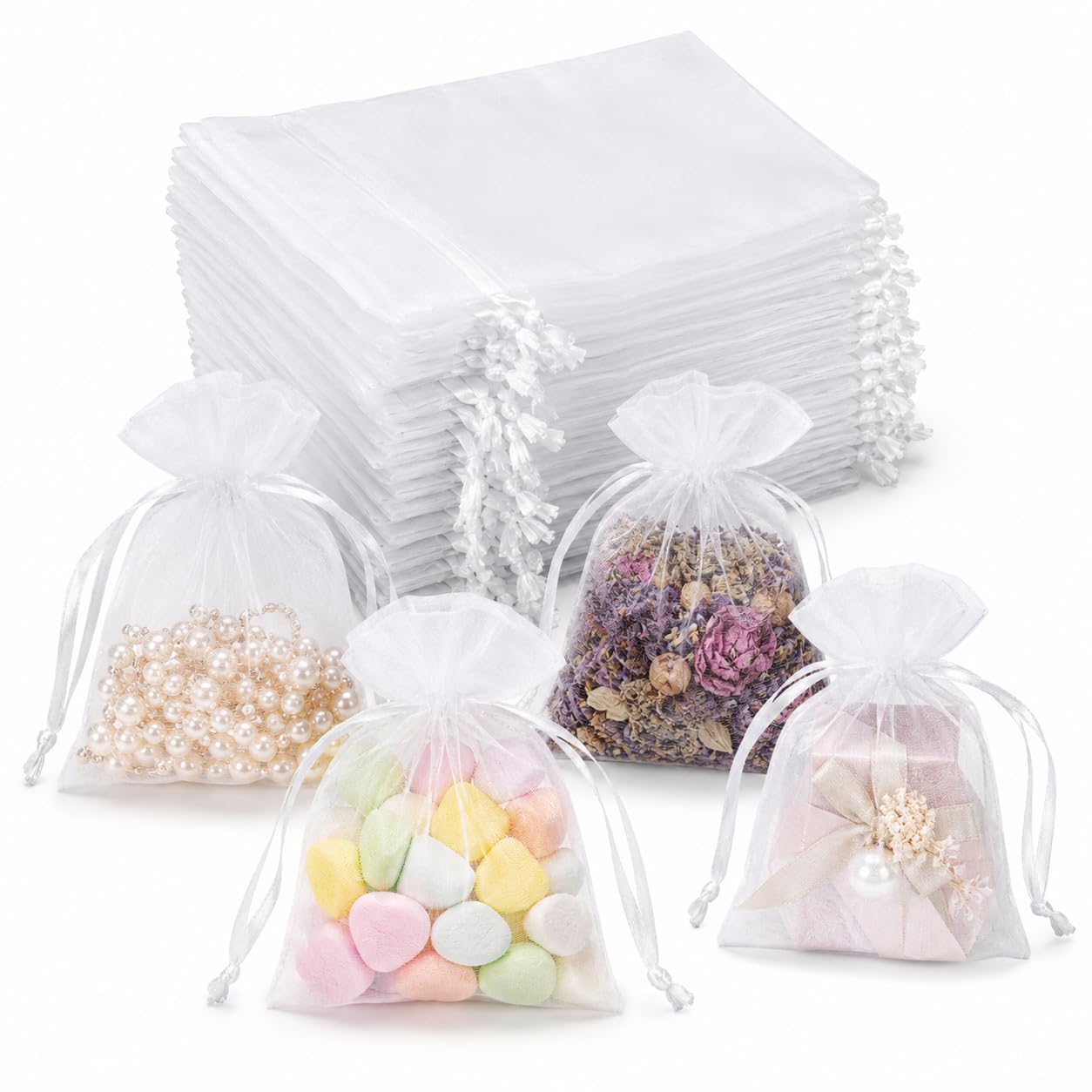 Hopttreely 50pcs White Organza Bags, 4x4.72 inch Mesh Bags Drawstring Gift Bags Jewelry Pouches for Candy Wedding Favors Christmas, Bridal Showers, Candy, Jewelry &amp; Goodie Bags