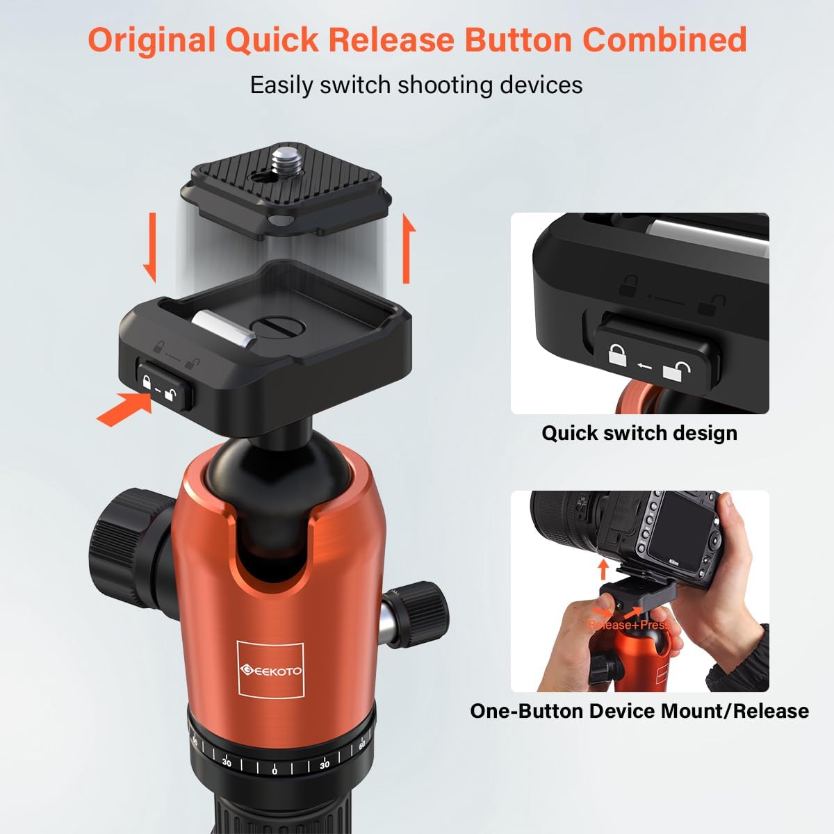 GEEKOTO 65" Carbon Fiber Camera Tripod,Heavy Duty Tripod with 360° Ball Head, 1/4" Quick Release Plate, Supports 26.5 lbs, Converts to Monopod