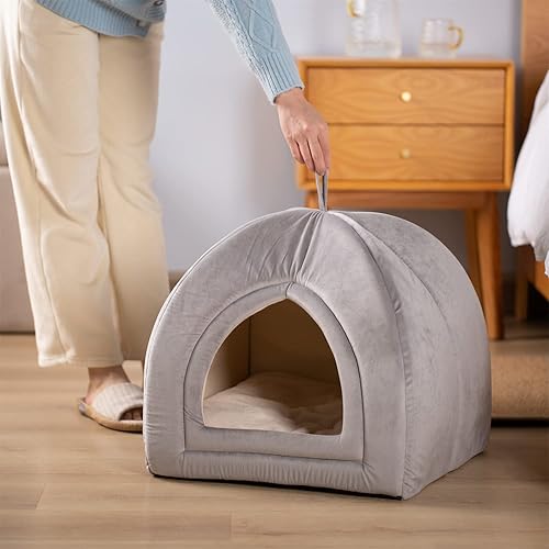 Miniatura 10 de KASENTEX Cama para gatos de interior, cama 2 en 1 para gatos y suministros para mascotas para gatitos y gatos pequeños o perros, cueva de animales,