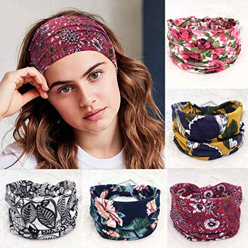 Urieo Boho Bandeau Headbands Wide Yoga Hair Bands Stylish Printed Head Bands Stretch Knotted Elastic Head Wraps Beach Hair Accessories for Women and Girls (Pack of 5)