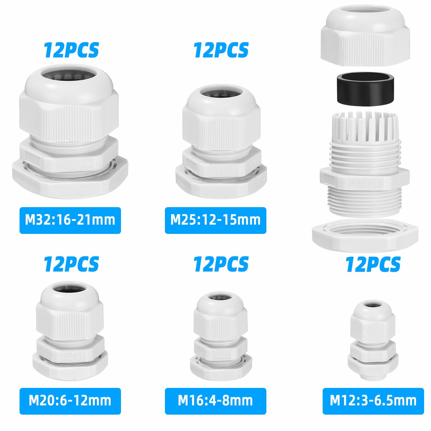 60 prensaestopas para cables, IP68, resistente al agua, con juntas, M12, M16, M20, M25, M32, de plástico y nailon, con tuercas de seguridad, caja de conexiones para jardín exterior