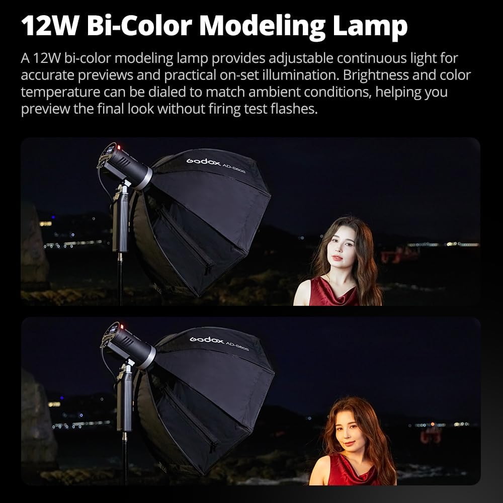 Godox AD300Pro AD300 Pro II AD300ProII 300Ws Outdoor Flash,12W Bi-Color 2800K-6000K,2.4G Wireless X System,0.01s~1.5s Recycle Time,1/1 to 1/512 10 Power Steps(AD300Pro II)