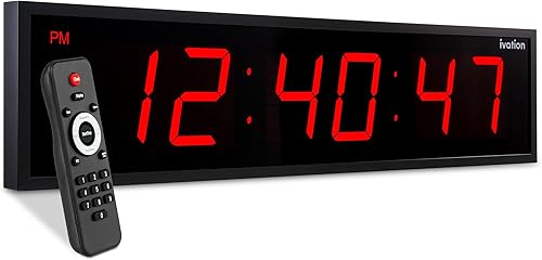 Reloj digital Ivation con LED enorme de 24.0 pulgadas con cronómetro, alarmas, temporizador de cuenta atrás y temperatura – estante o montaje en Rojo