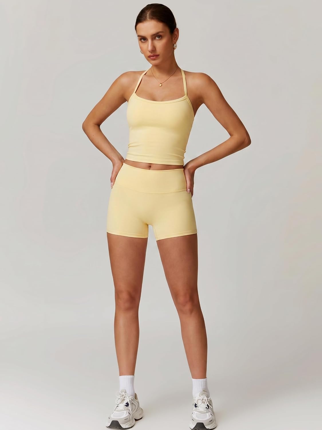 Womens Two Piece Workout Sets Longline Tank Top with Built in Bra High Waisted Shorts Gym Set Yoga Pilates Outfits