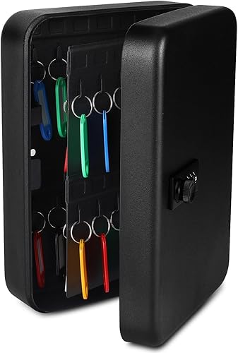 Flexzion Caja para llaves de pared con código, caja de almacenamiento de llaves negra con cerradura de combinación, caja organizadora de llaves