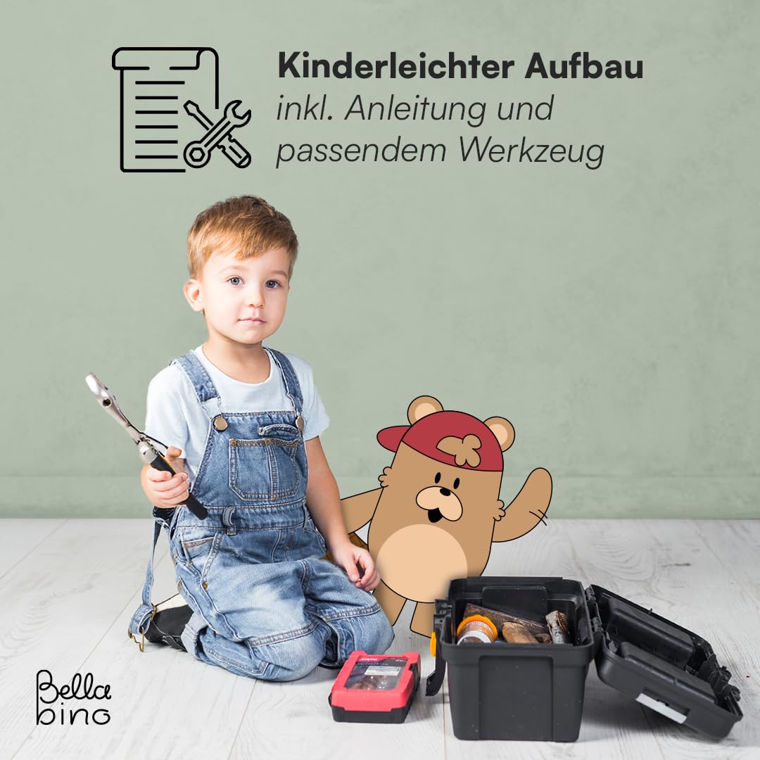Bellabino Bia Kinderbett 90x200 cm Hausbett mit Rausfallschutz Lattenrost 2 Schubladen Montessori Bett Massivholz Kiefer Weiß