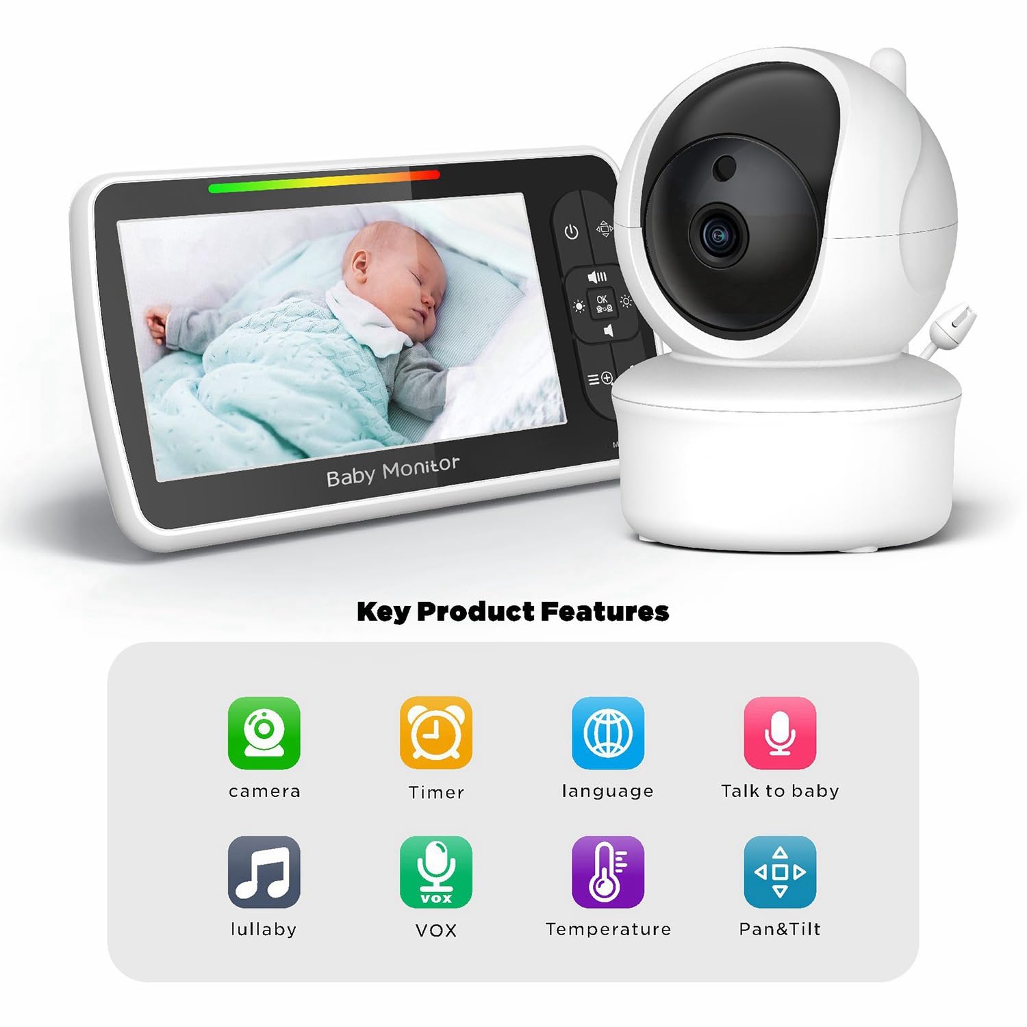 Bamberg Ninne Nanne Video Baby Monitor da 5 Pollici Baby Monitor Notturno Monitor Video Wireless con Videocamera e Audio Pan-Tilt-Zoom Sensore di Temperatura Audio A 2 Vie Spina Europea