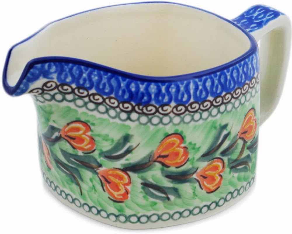 Polmedia Polish Pottery Creamer UNIKAT - Tulip Wreath Pattern Handmade in Boleslawiec Poland by Ceramika Artystyczna + Certificate of Authenticity