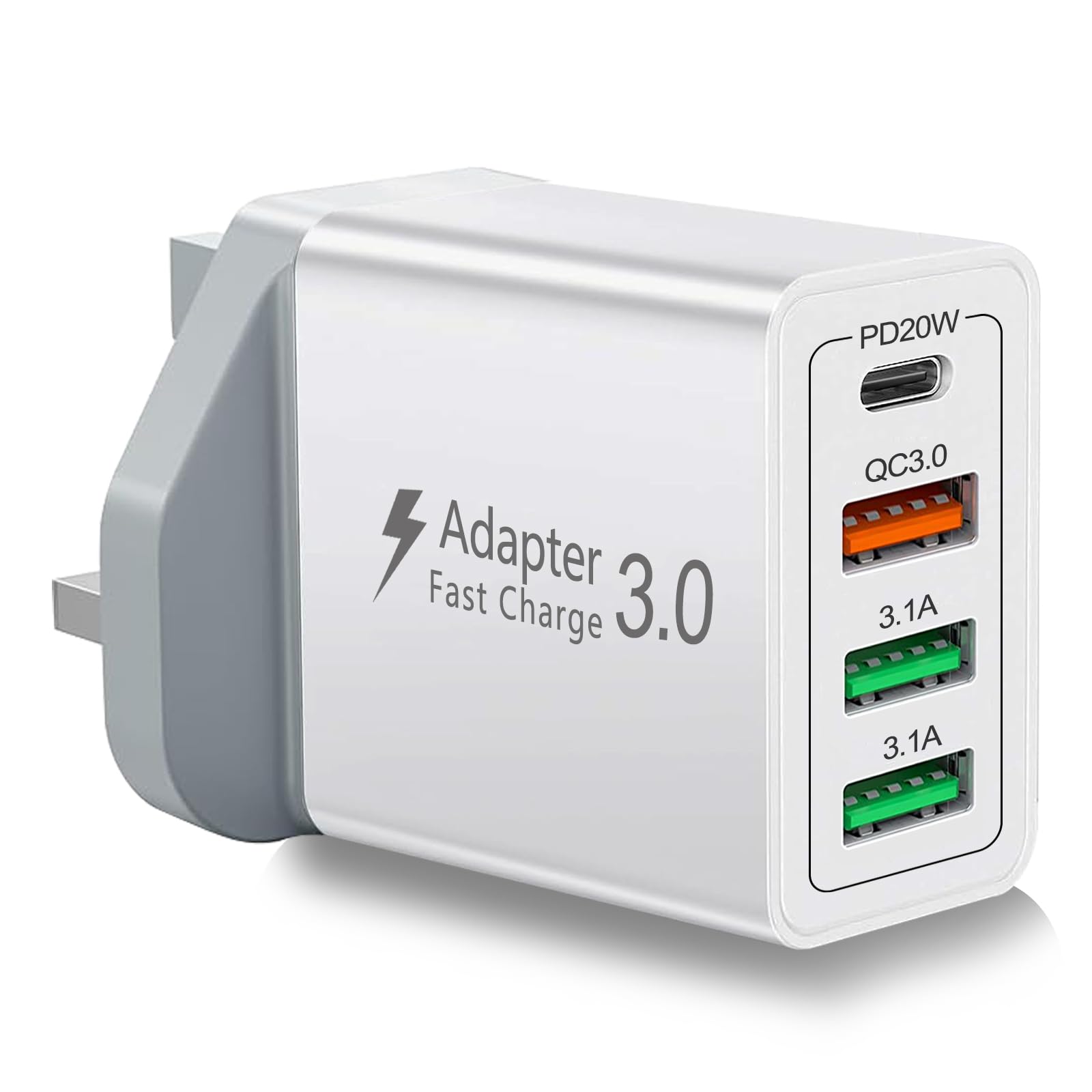 Photo 1 of UK USB Charger, 40W 4-Port UK Travel Plug Adapter Type G Ireland Plug Adapter PD20W QC3.0 Fast Charging Block for iPhone 17 16 15 14 13 12 11, Galaxy, LG, Pixel, Tablet