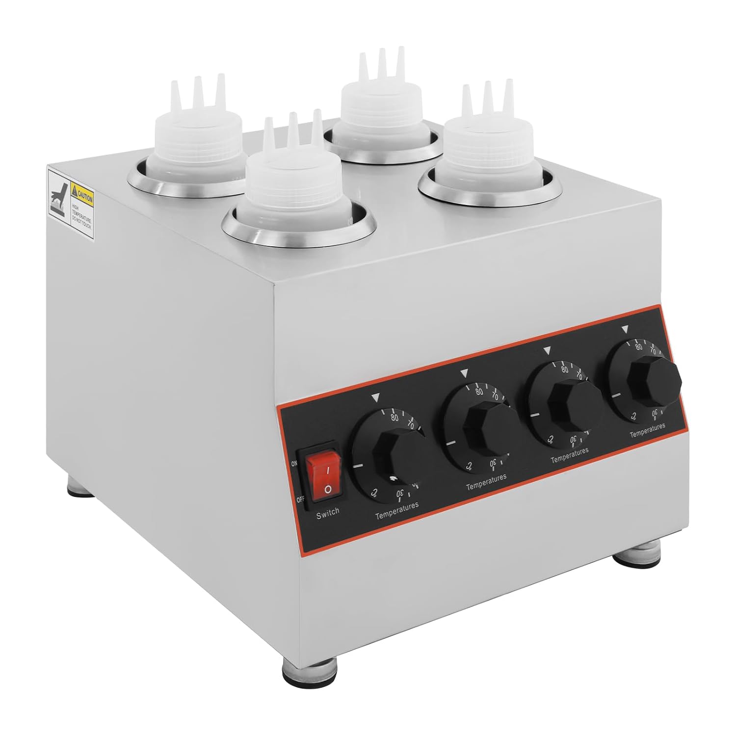 Electric Sauce Warmer Dispenser, Cheese Dispenser Warmer with 4 Squeeze Bottles, Commercial Stainless Steel Countertop Hot Caramel Chocolate Cheese Warmer for Chocolate Hot Fudge Caramel