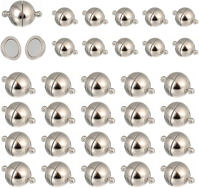 MiaLover Pack of 30 Magnetic Clasp Jewellery Strong Chain Clasp Magnetic Clasps Chain Clasp Magnetic Clasps Round Magnetic Clasps for Necklace Bracelet Making (6 mm, 8 mm), Silver