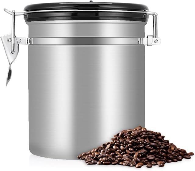 Coffee Bean Storage Container, Stainless Steel Coffee Tea Beans Container with Venting Valve Total Protection from Oxidation(Silver)