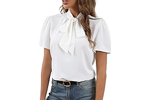 Women's Bow Tie Knot Mock Neck Short Sleeve Blouse for Work