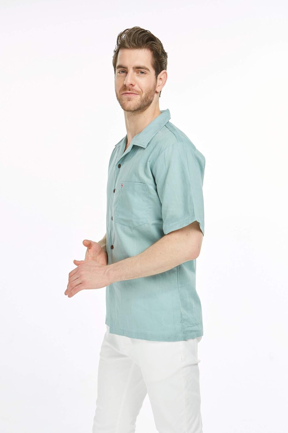 Men's Hawaiian Luau Embrodiered Flamingo Linen Cotton Shirt