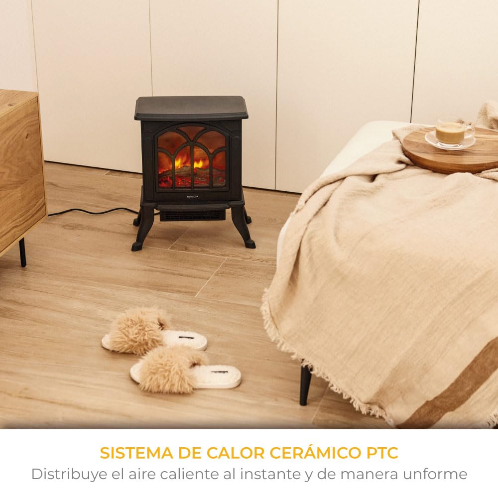 NEWLUX Chimenea Eléctrica Classic Flame, Calefactor Cerámico Termoventilador Llama Decorativa, Chimenea portátil, Termostato, 2 Niveles, Sensor Seguridad Sobrecalentamiento, 750/1500W, 355x465x250mm