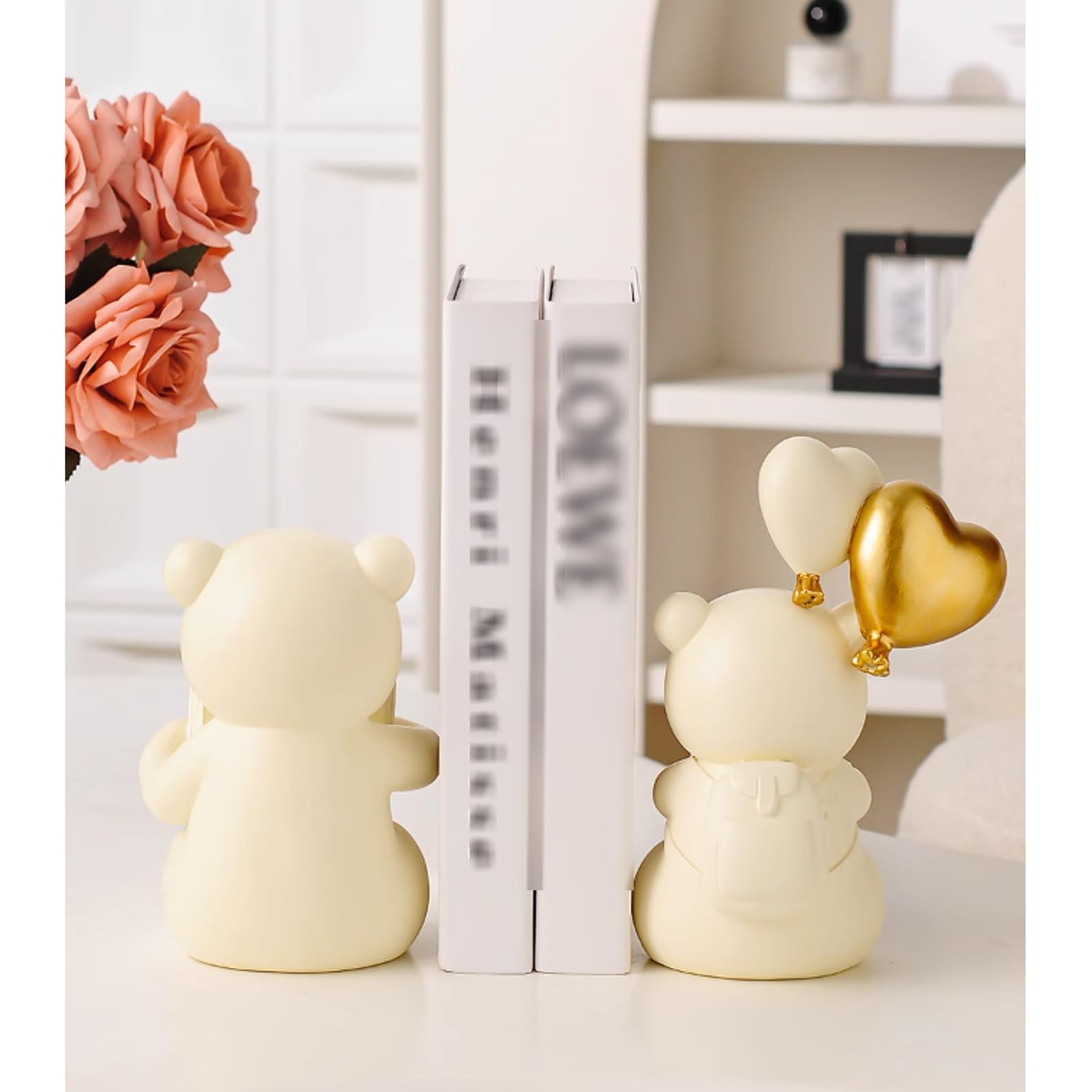 Sujetalibros decorativos de resina con forma de oso para libros, 1 par de estatuas de oso, soporte de estante para estantes, hogar, oficina, inauguración de la casa, biblioteca