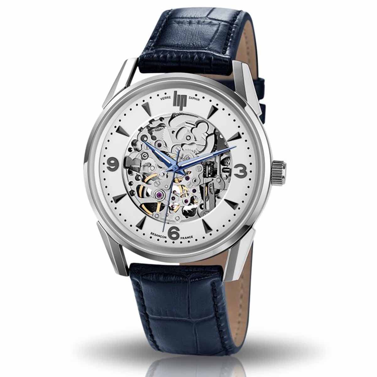 Montre Lip Himalaya Squelette automatique acier cadran argenté sur cuir bleu 40 mm 671554