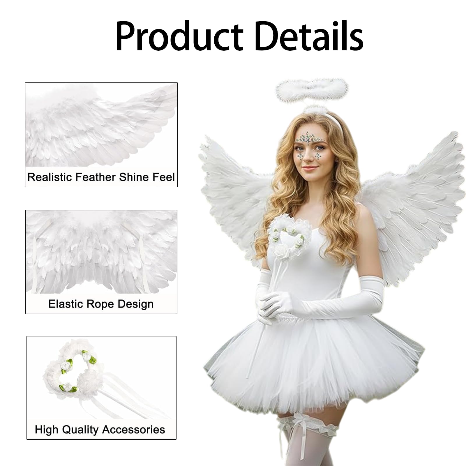 SSKHE 3PCS Angel Wings and Halo,Angel Costume Fairy Wings,White Angel Wings Fallen Costume Fairy Fallen for Adult Halloween Christmas Party - Image 2