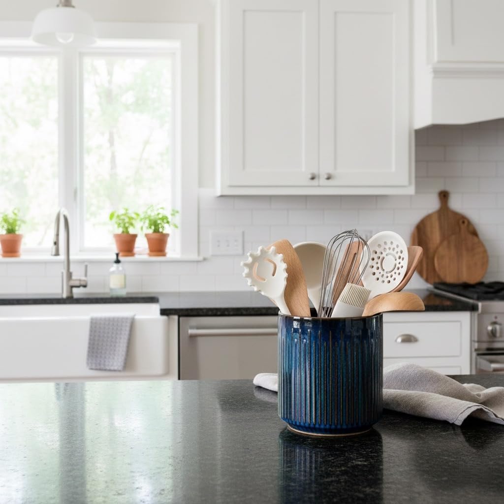 JIEMEI HOME Kitchen Utensil Holder, 7.2" Large Ceramic Stable Utensil Crock for Countertop, Utensil Holder with Cork Mat, Removable Bamboo Divider for Easy, Kitchen Decor, Blue