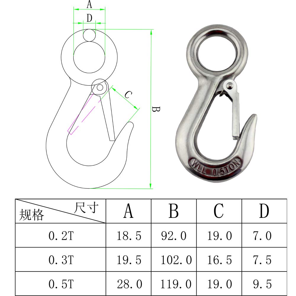Ganci di Sollevamento, Ganci a Scatto for Gru di Sollevamento con Occhiello Grande in Acciaio Inossidabile, for carichi Pesanti, Limite carico Lavoro Marino, Gancio a Molla for, 5 Pezzi(0.3t)