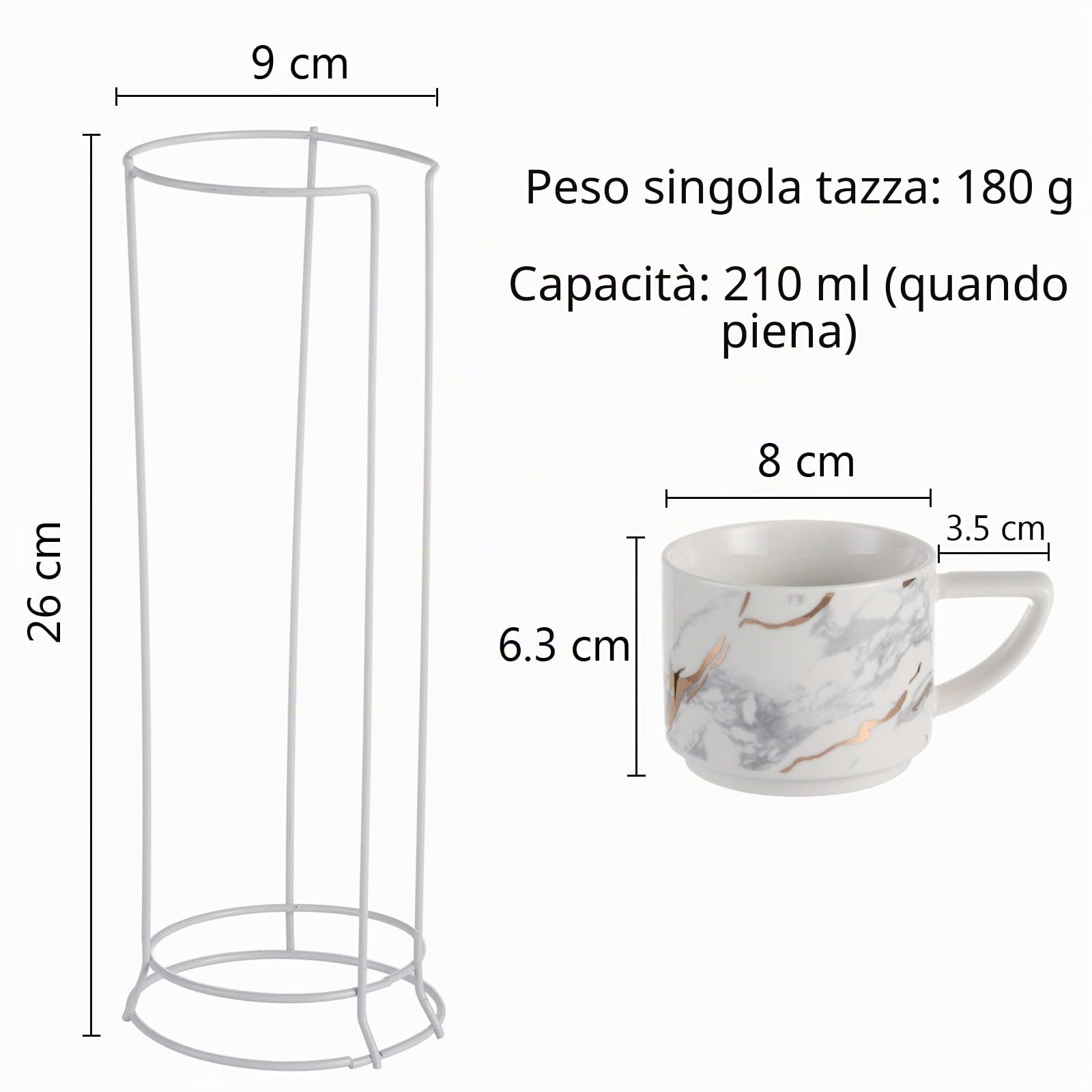 Set di 4 tazze da caffè in ceramica con supporto per tazze da tè, impilabili, 210 ml, colore: bianco