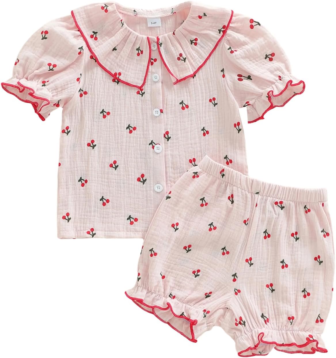 fhutpw Toddler Baby Girls Summer Clothes Cherry/Daisy Printed Puff Short Sleeve Button Down Tops Shorts Set Cute Outfits