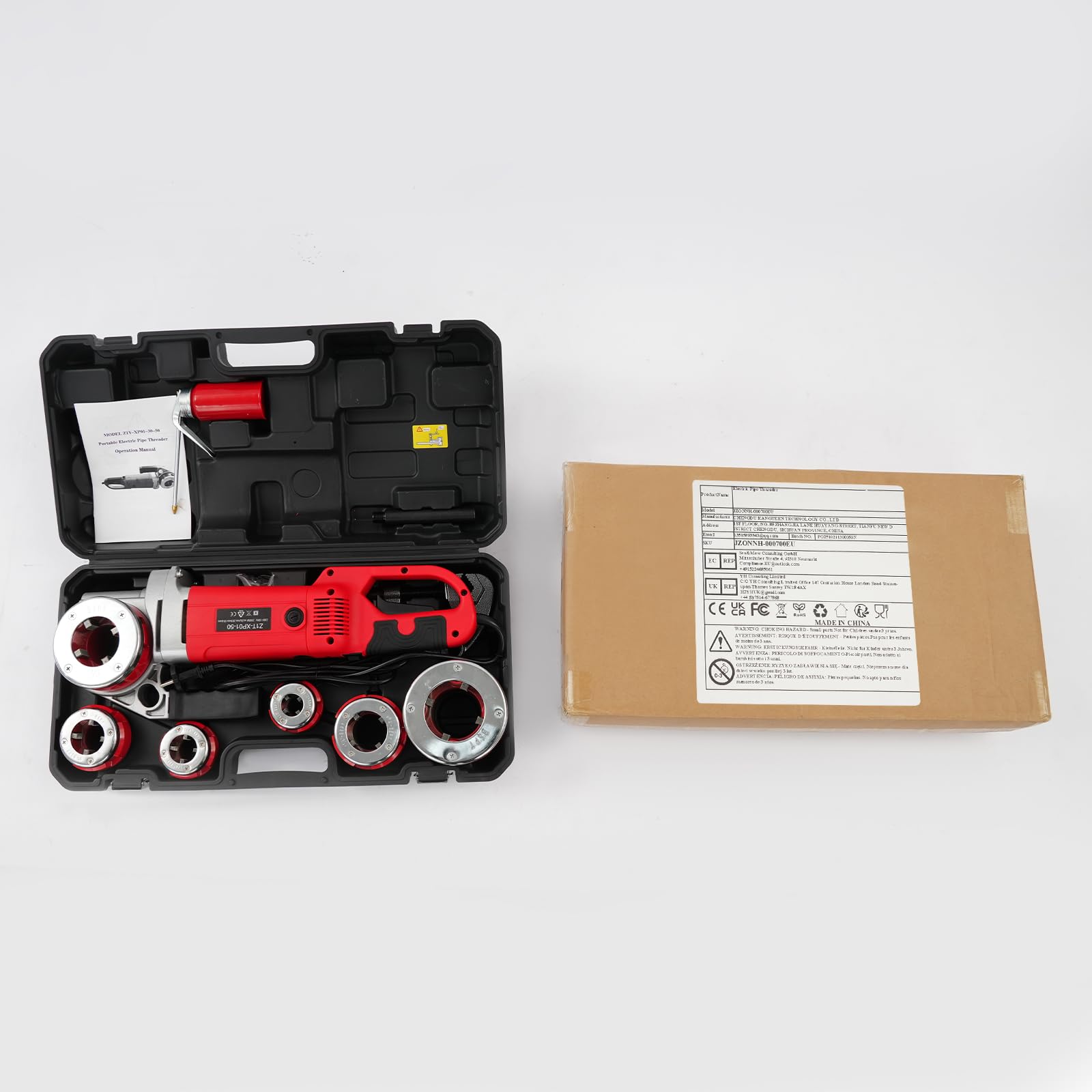 Taraudeuse électrique, 2300 W, 230 V, avec mallette de rangement, 6 filières (2", 1-1/2", 1-1/4", 1", 3/4", 1/2"), taraud électrique (rouge)