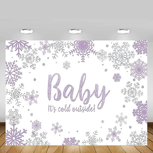 Miniatura 5 de MEHOFOND Fondo de fotos de baby shower de invierno para niña, accesorios de fondo de copos de nieve morados y plateados, decoración de fiesta,