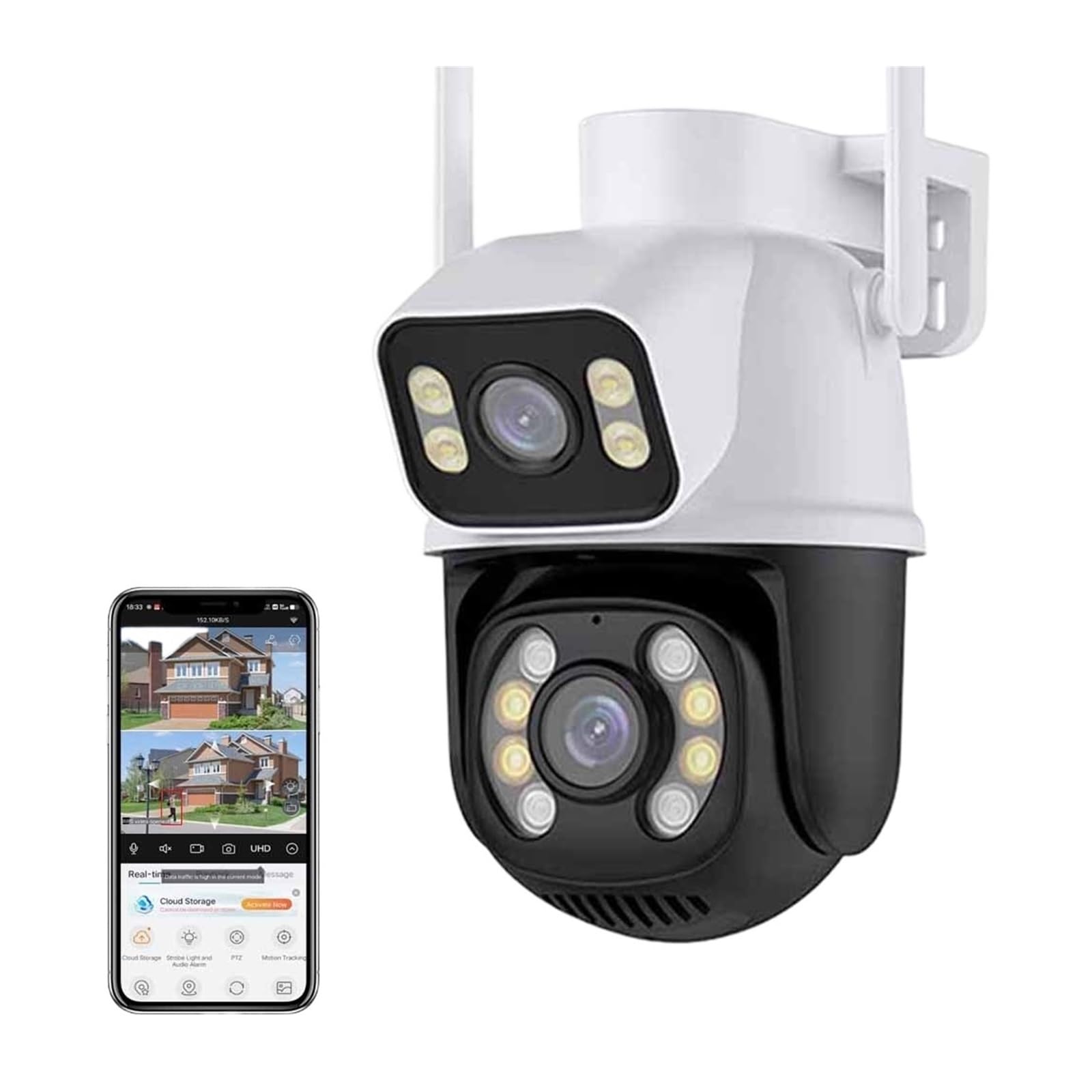 Caméra de sécurité, Caméra de Surveillance extérieure sans Fil PTZ 8MP 4K, Double Objectif, écran, détection Humaine AI, Suivi Automatique(4MP ADD 32G)