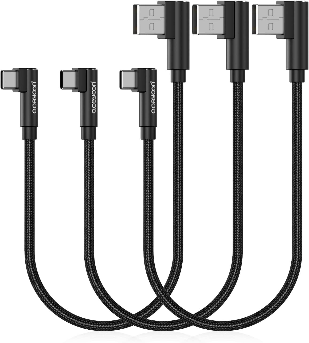 aceyoon [3 Pack] Right Angle USB C 0.6ft Braided 90 Degree USB to Type C Elbow Charger and Data Sync Dual L Shape USBC Cable Comaptible for S8 S9 S10, Pixel 2 3 3XL, P30 P20 Mate20 and More