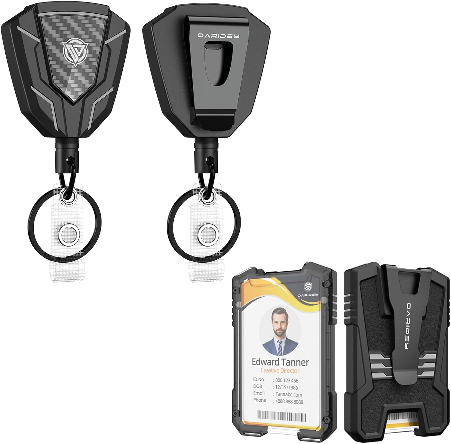 2 Pack Retractable Keychain with Belt Clip and 1 Pcs Heavy Duty Badge Holder (Black Genuine Leather)