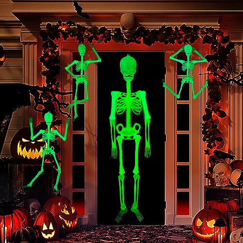 Halloween Hanging Ghosts Decorations, Outdoor 4 PCS Luminous Skeletons with 60-inch Life Size, Glow-in-The-Dark Posable Skeleton for Party Bar Yard Garden Wall Decor