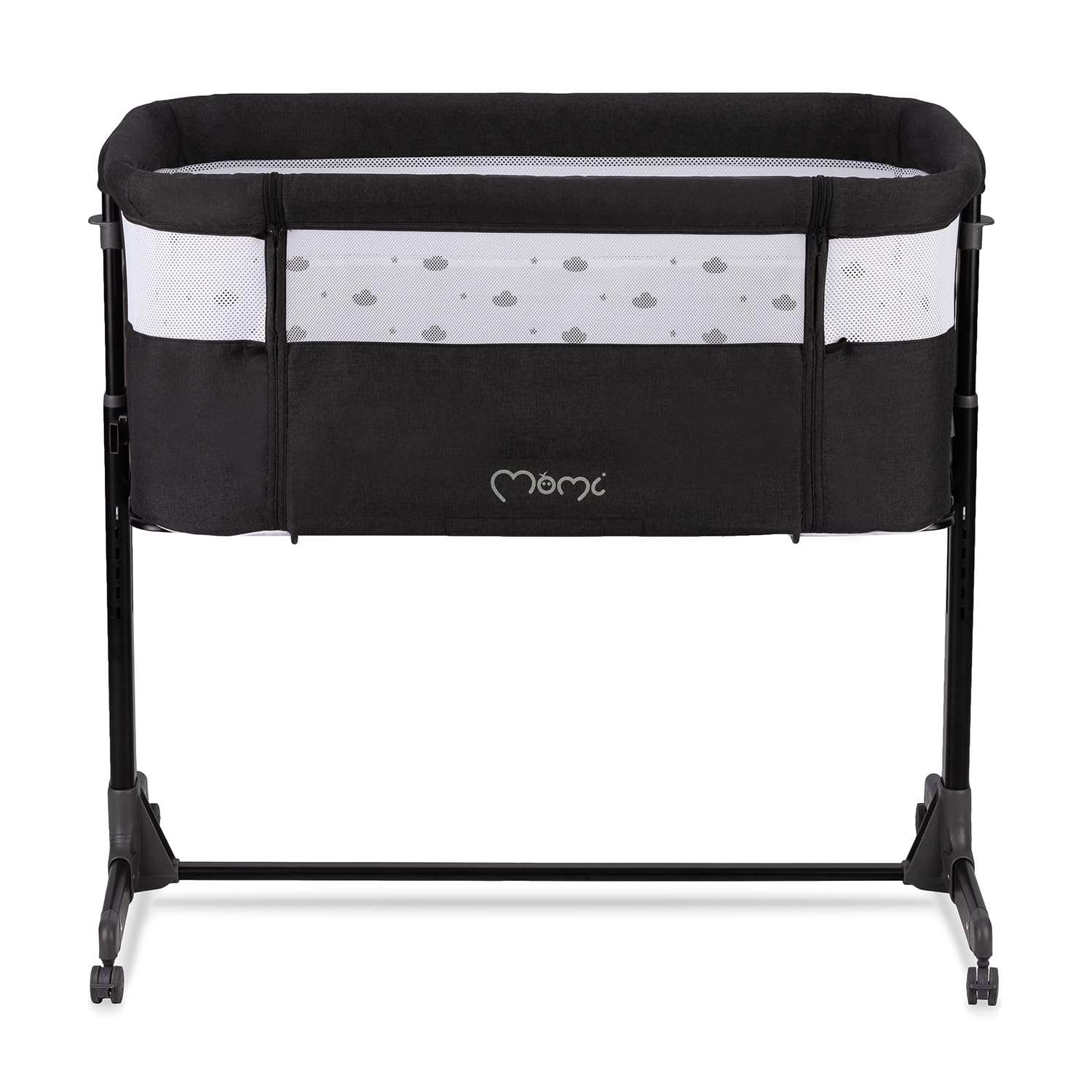 Momi REVO Lettino multifunzionale, con regolazione dell'altezza su 6 livelli da 72 a 82 cm, con rotelle, materassino incluso, cinghie di fissaggio, zanzariera e barra giochi