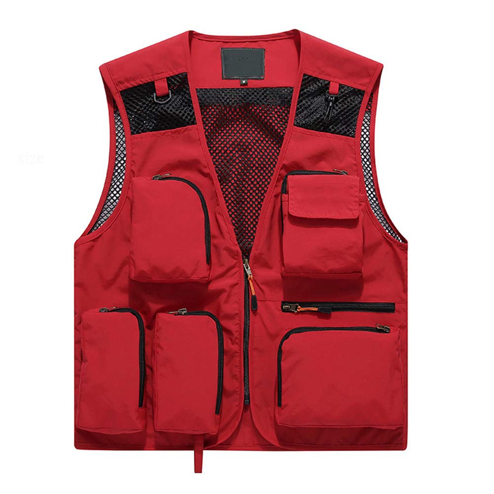 Gilet de pêche en maille respirante pour homme - Pour photographie, travail, extérieur, chasse, voyage, safari, journaliste, mariage, etc. - Rouge - X-Large