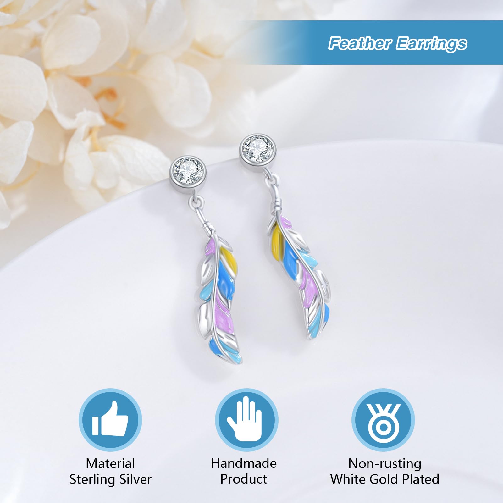 Orecchini a forma di piuma, da donna, in argento Sterling 925, con zircone, regalo per donne e ragazze, Argento sterling