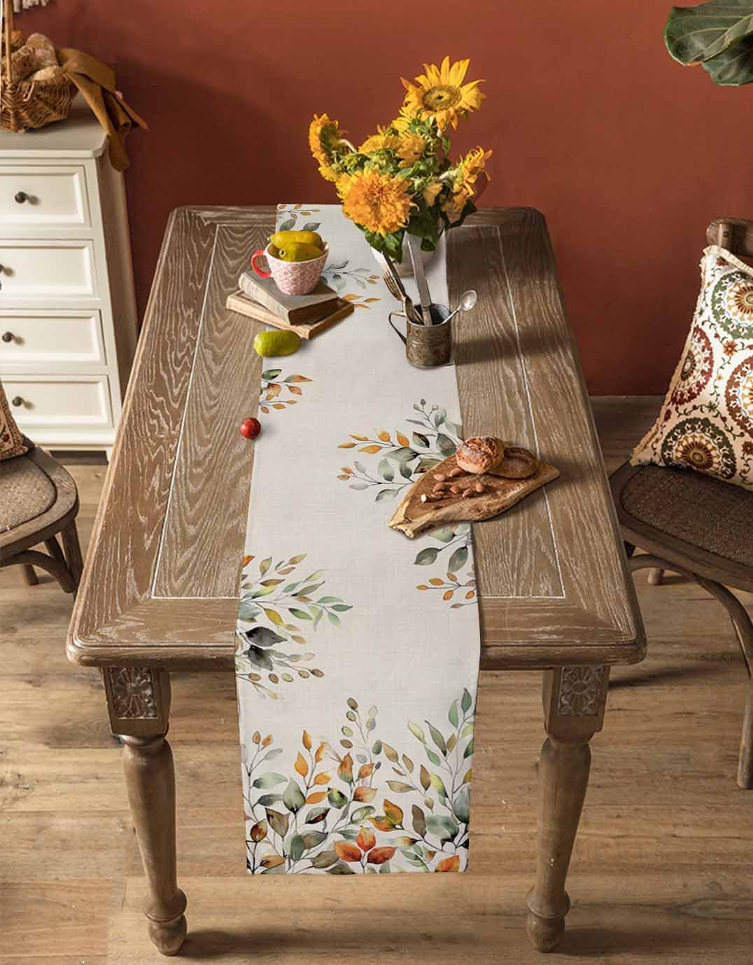 Fall Sage Green Table Runner 120 Inches Long Eucalyptus Leaves Linen Background Coffee Table Runner Kitchen Dining Table Decoration for Home Party Holiday 13 x 120 Inch