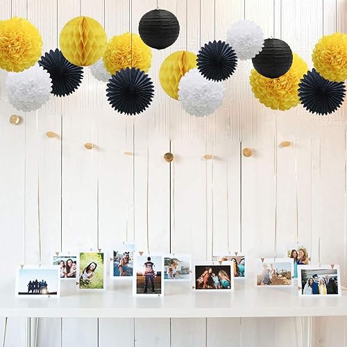 Miniatura 6 de Decoraciones de fiesta de color amarillo, blanco y negro, 16 pompones de papel, bolas de panal, faroles, abanicos de pañuelos para fiesta del día de