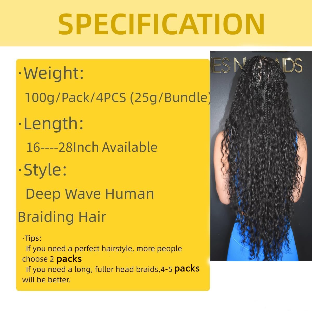 Edwad 22 Inch 100g Human Braiding Hair for Boho Braiding-Deep Wave Human Bulk Boho Hair for Braids 12A Bohemian 4 Bundles/Pack Natural Color
