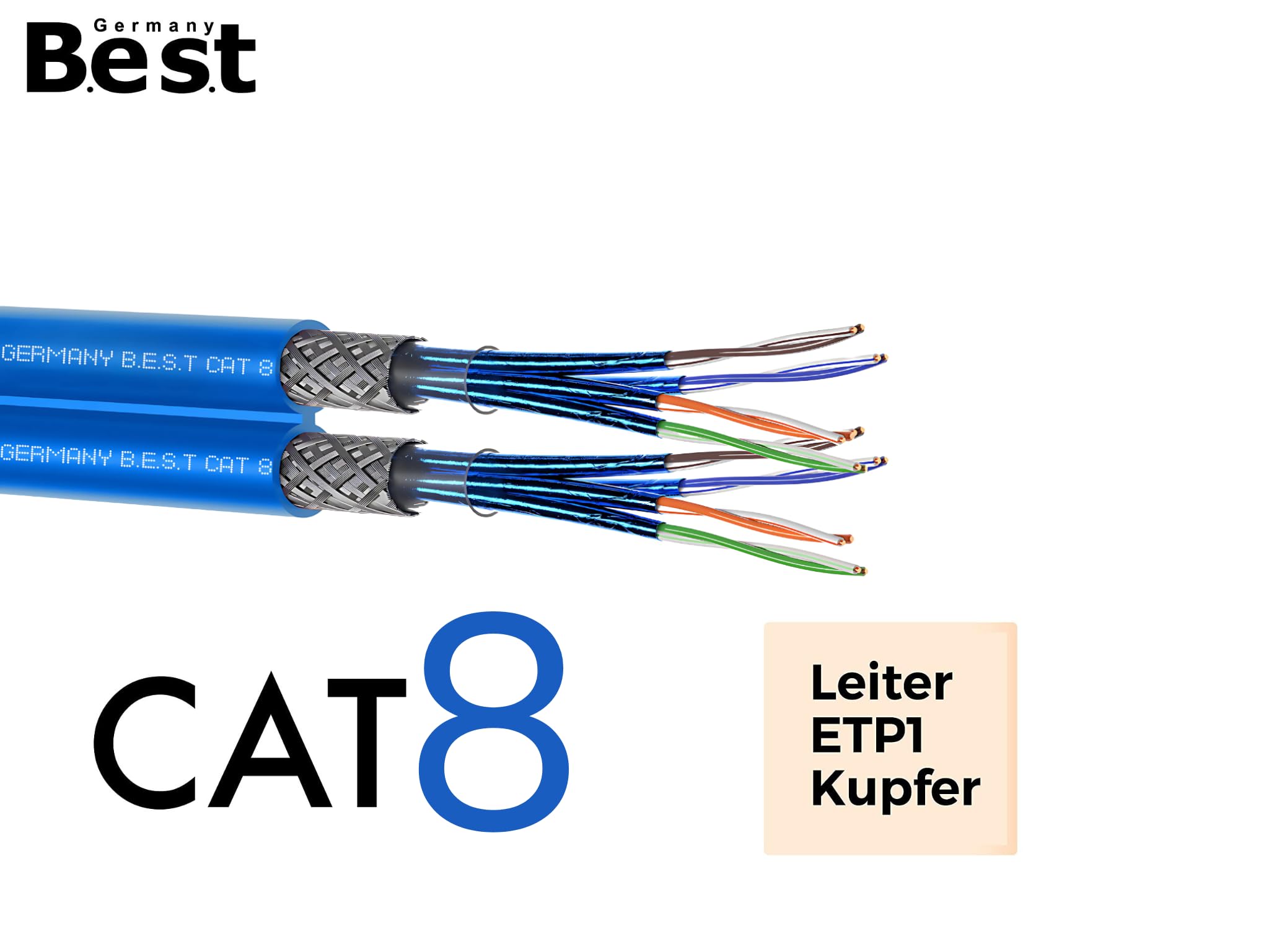 Germany B.e.s.t Cable de red de 25 m CAT 8 Duplex, cable de instalación, cable de cobre LAN, cable Ethernet S/FTP 40 Gbps Cat 8 de cobre puro, cable de datos PoE++, LSZH, cable de datos
