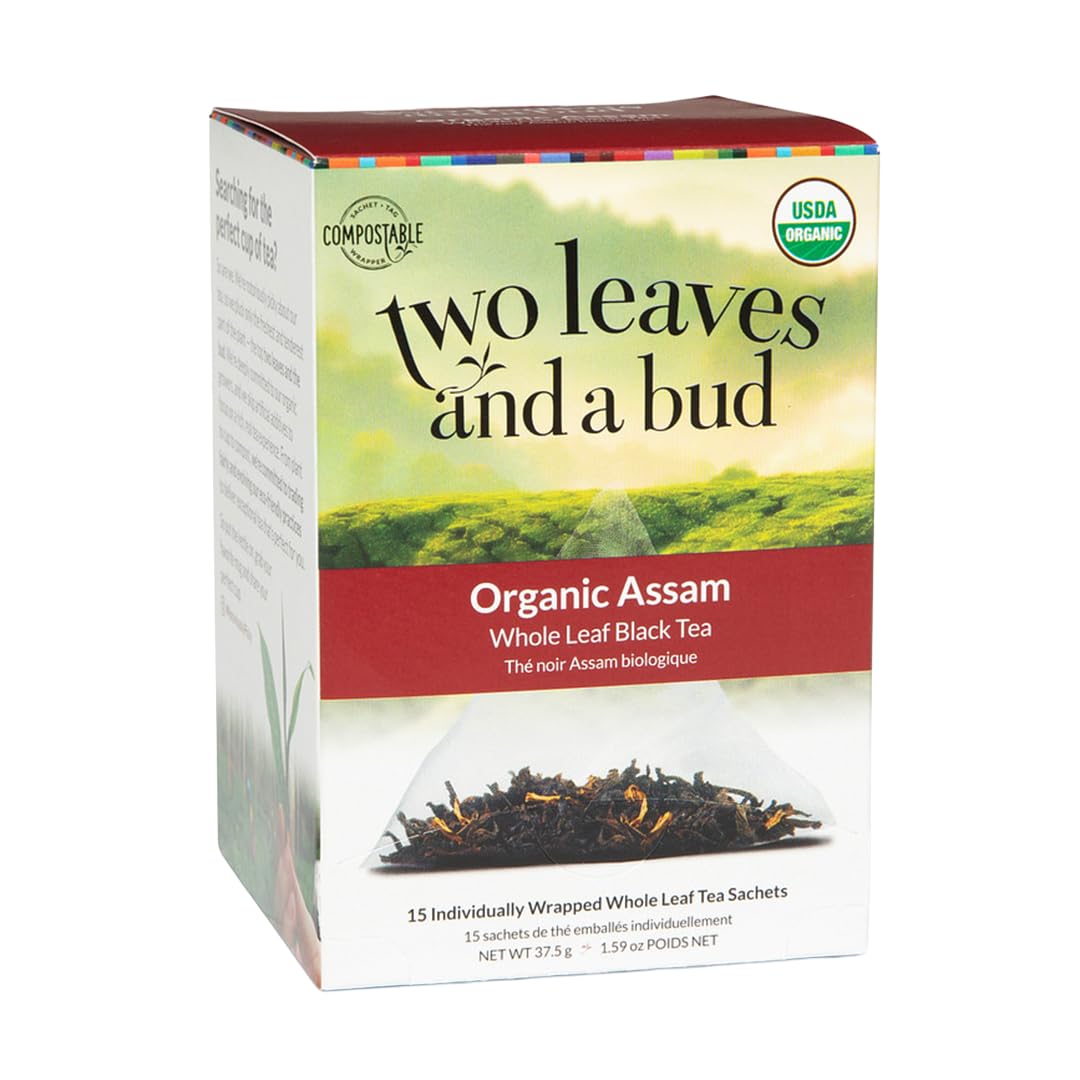 Organic Assam Black Tea Bags, Whole Leaf Caffeinated Black Tea in Compostable Sachets, 15 Count (Pack of 1)